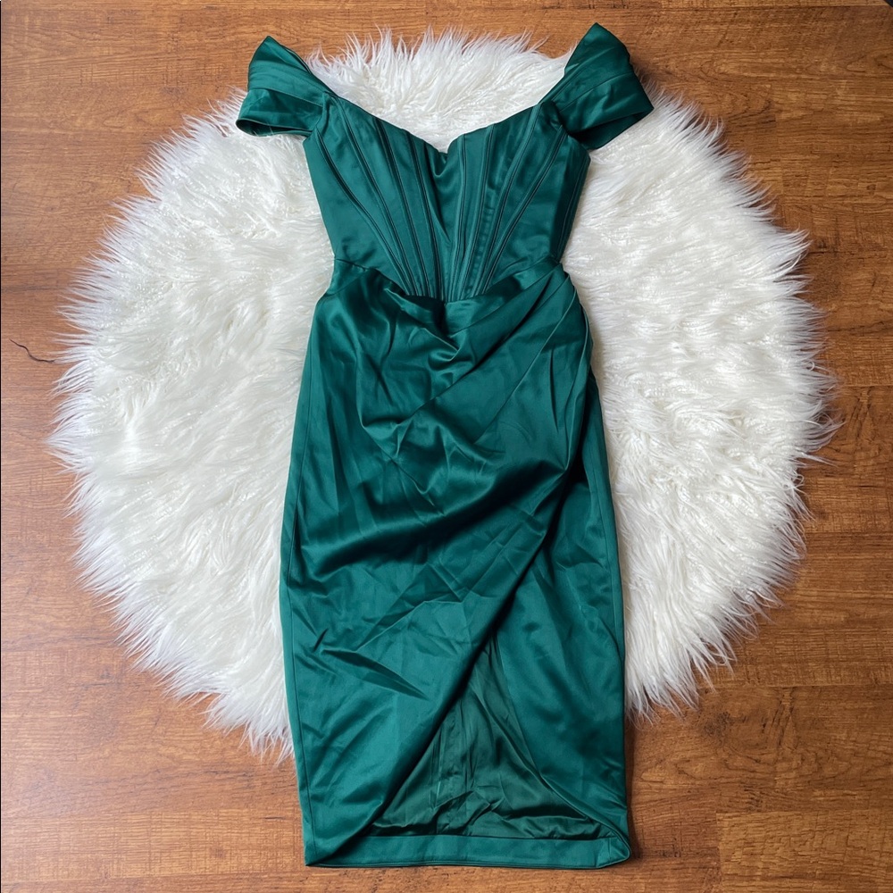 House of CB Loretta emerald corset satin dress